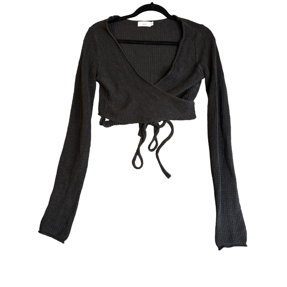 Onia Textured Linen Cropped Wrap Sweater Top M Black Knit Minimalist Balletcore